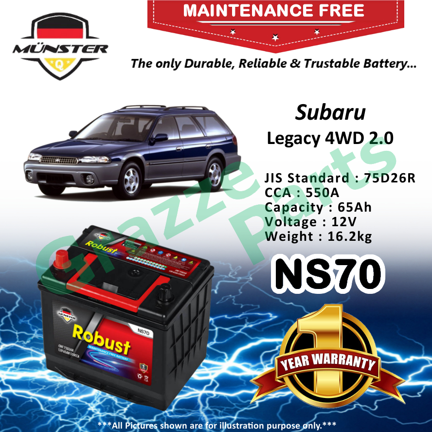Mnster Robust MF CMF NS70 | NS70R | 75D26R (65AH) Car Battery Bateri Kereta for Subaru Legacy 4WD 2.0