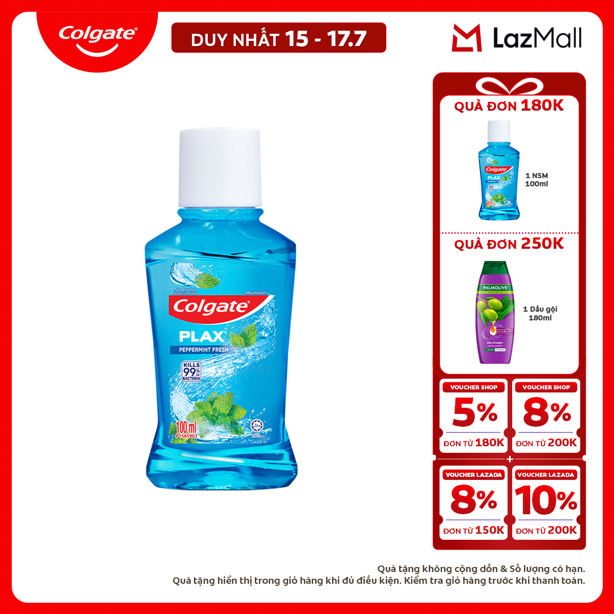 [Chỉ 15-17.7_X2 Voucher giảm đến 18%] Nước súc miệng Colgate diệt 99% vi khuẩn Plax bạc hà 100ml/chai