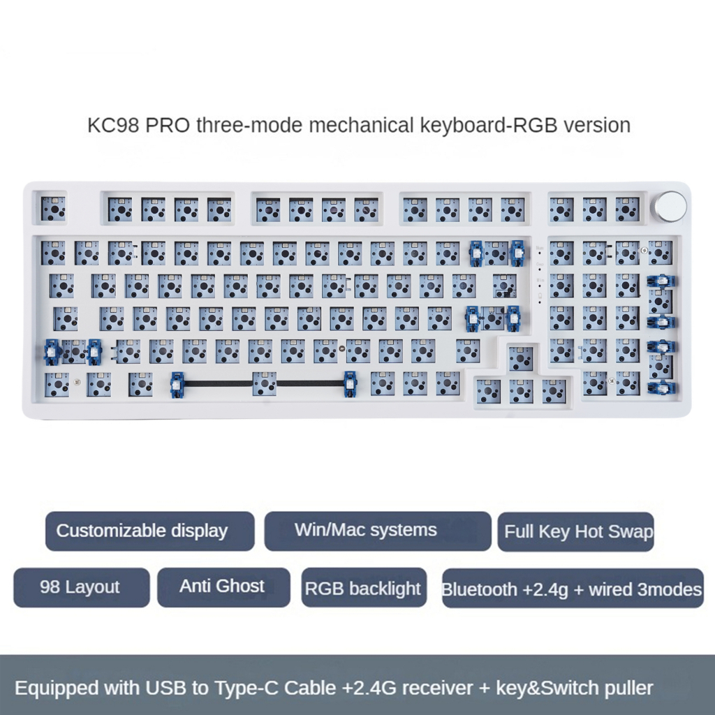 Mathew Tech KC98 Pro Three Mode Mechanical Keyboard Barebone Classic 98% Layout Hot Swap RGB Gaming 