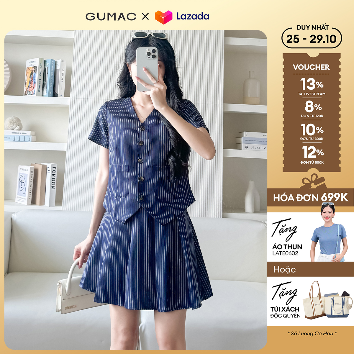 Set lẻ Áo Ghile nữ nút kiểu LAF0722 - Chân váy nữ xếp ly thời trang GUMAC LVF0721