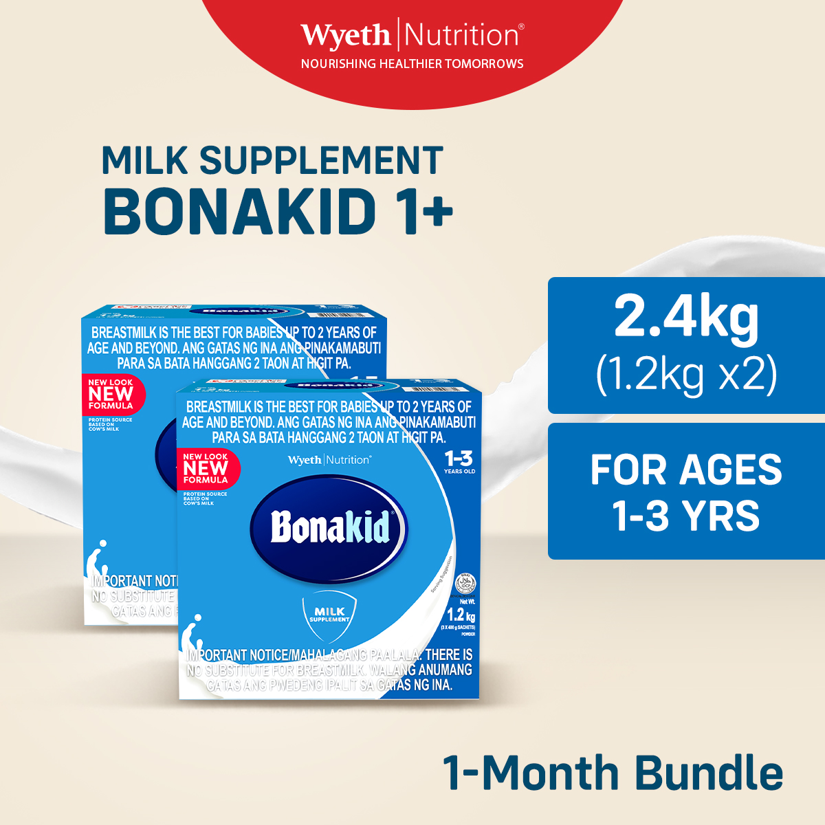 BONAKID 1+ Stage Three Milk Supplement Powder for Children 1 to 3 Years Old 2.4kg (1.2kg x2)