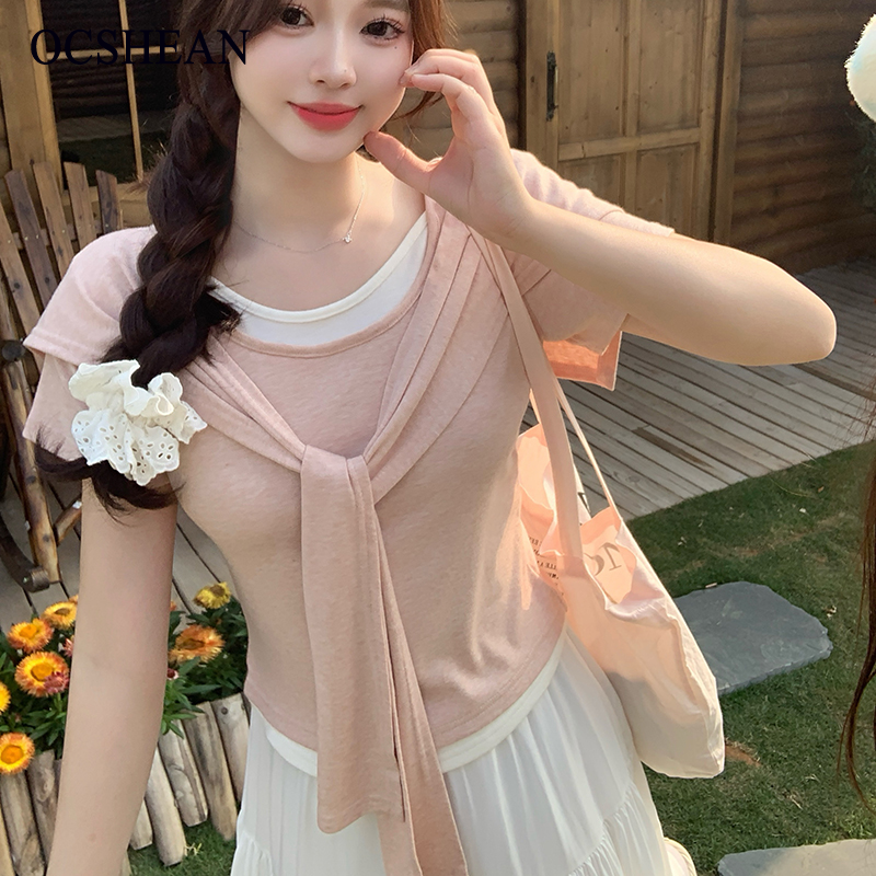 OCSHEAN เสื้อยืดสีดำแขนสั้นสำหรับการแต่งตัวได้หลากหลาย ราคา 142 บาท*ส่งฟรี