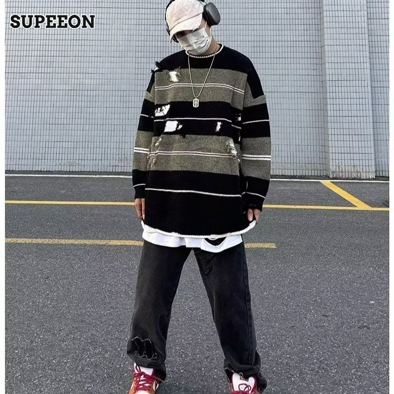 SUPEEON Men s American retro niche ripped hole design striped sweater Lazy