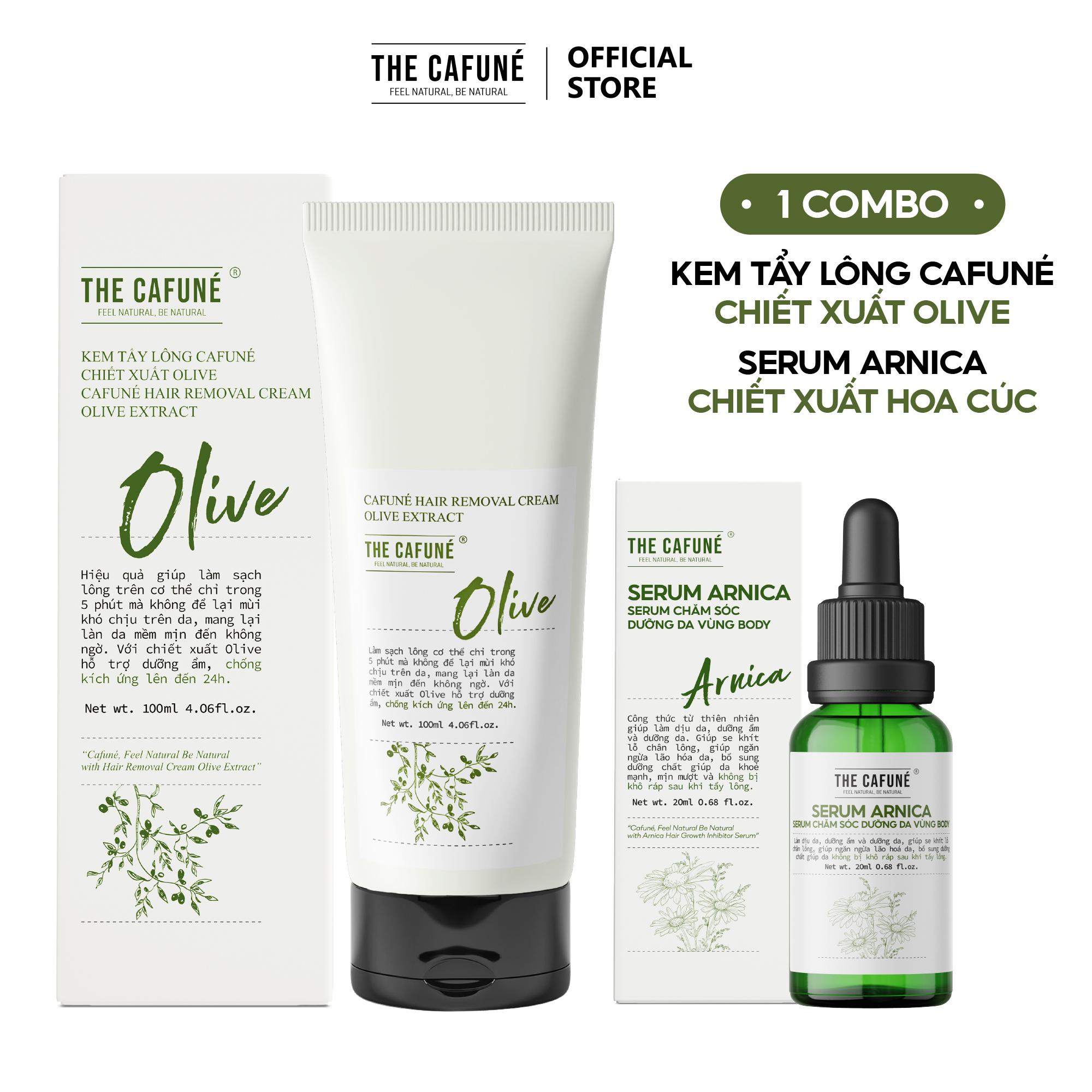 Combo Kem Tẩy Lông Olive và Serum Arnica The Cafuné dùng được cho bikini, chân, tay, nách 100ml Nữ Waxing