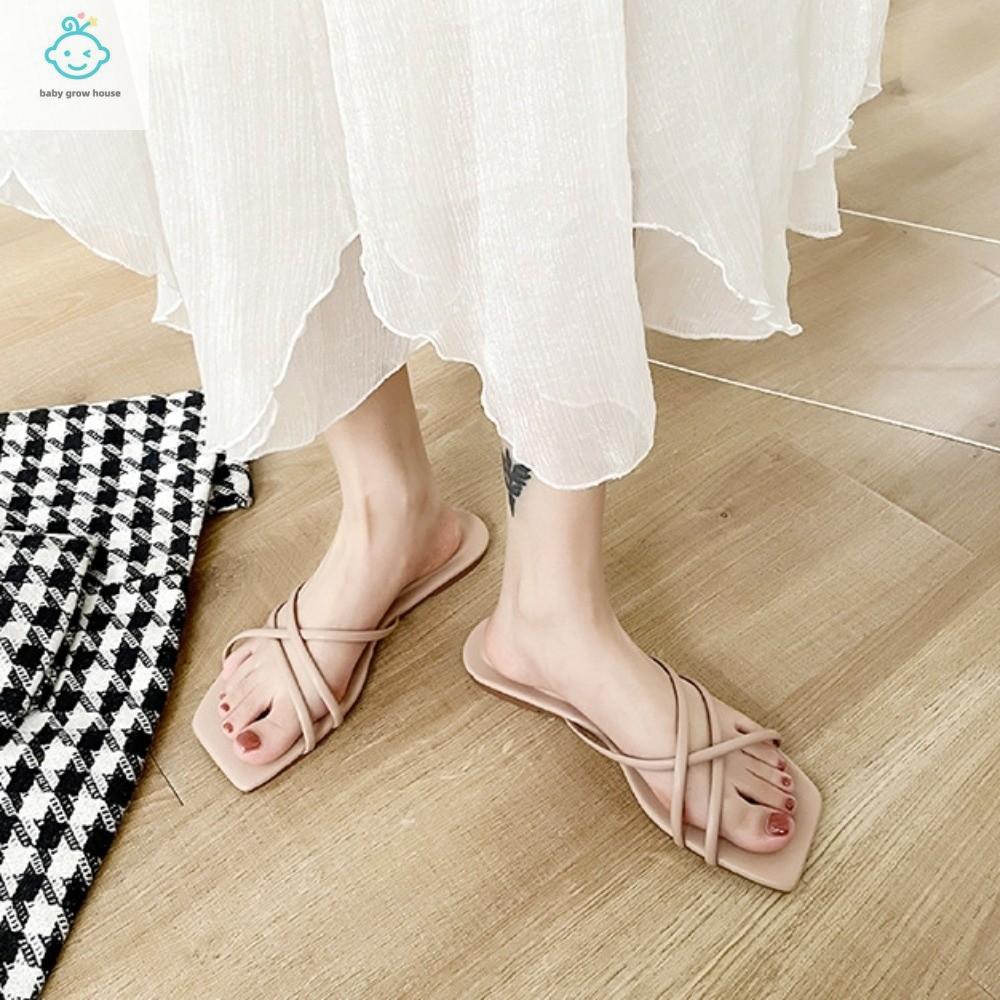 SFFGF Không trượt Giày mũi vuông Đế mềm Thoải mái Dép phẳng Thường ngày Da PU Dép mùa hè Bãi biển