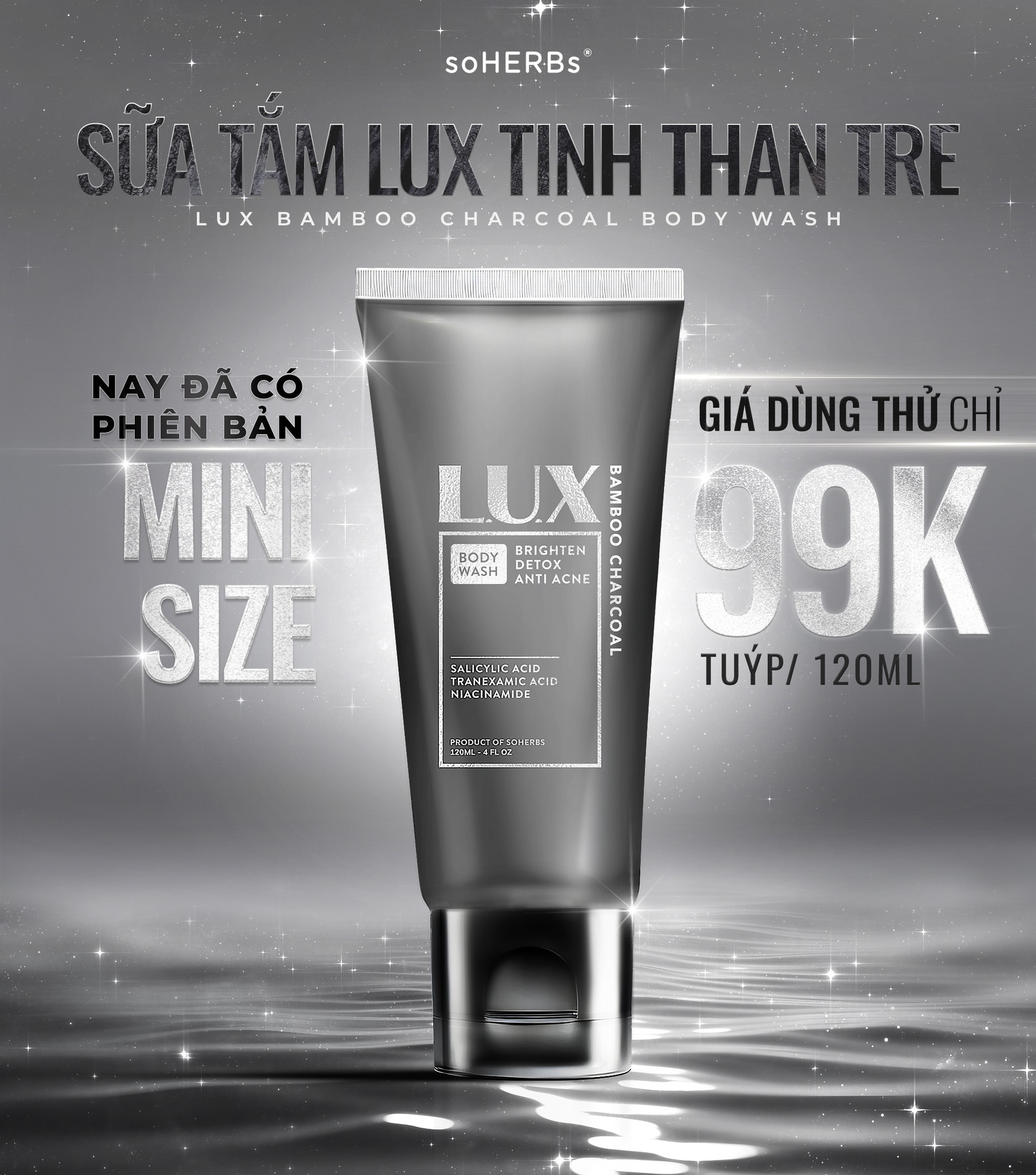 Sữa tắm lux tinh chất than tre soherbs mini size 120ml