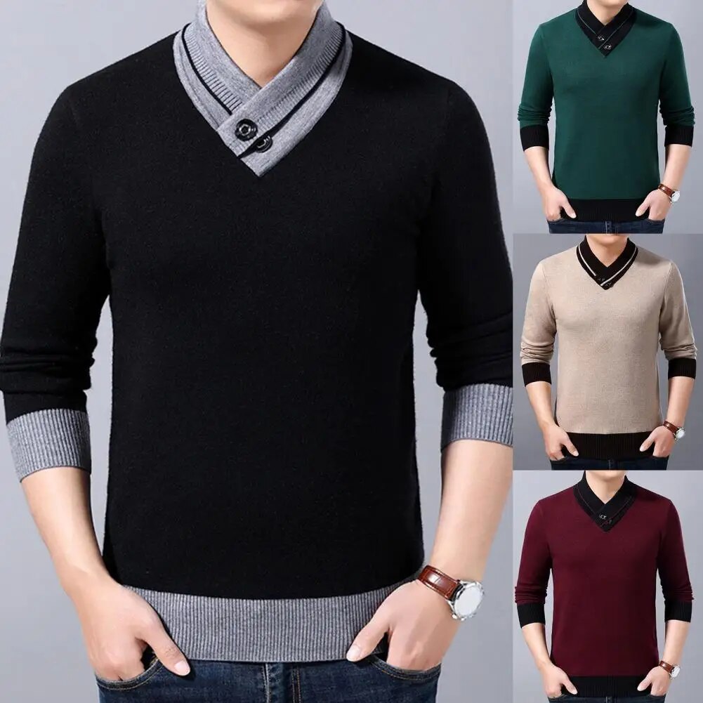Men Sweater V Neck Knitted Contrast Colors Loose Spring Warm Button