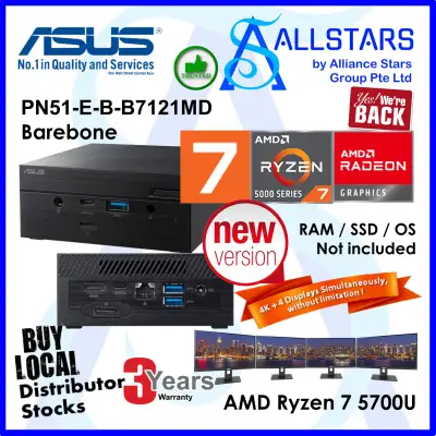 (ALLSTARS : We are Back/ Mini PC Promo) ASUS PN51 / PN51-E-B Ryzen7 5700U / PN51-E-B-B7121MD Barebone (NO RAM NO SSD) (AMD Ryzen 7 5700U / Intel WiFi 6 / BT5.0 / GBE LAN / HDMI+DP / USB3.2 Type-C x2 / USB3.2 Type-Ax3 / SD reader / Wireless Keyboard+Mouse)