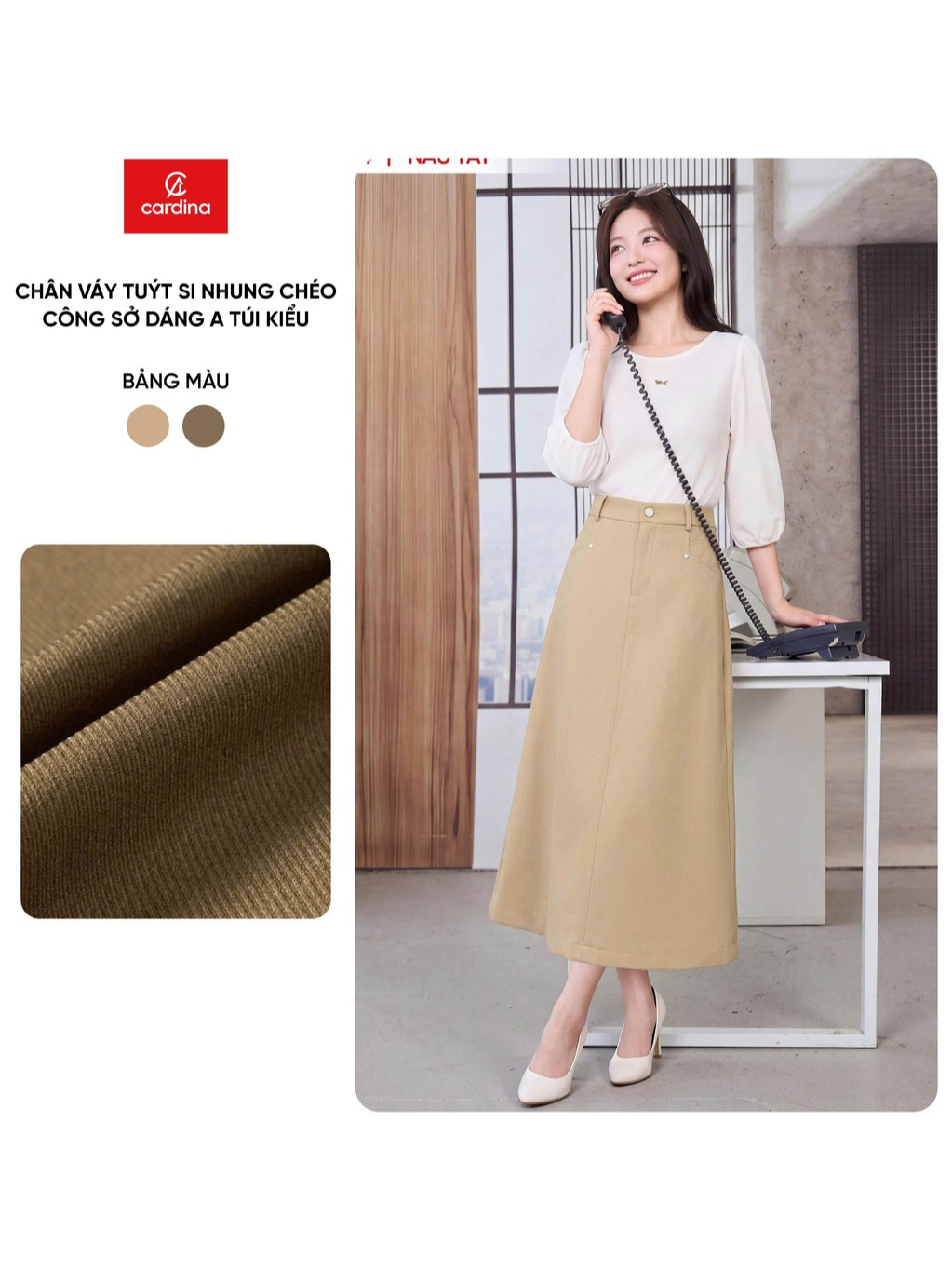 Chân váy nữ CARDINA chất liệu tuýt si nhung chéo công sở dáng A túi kiểu 6CVA05