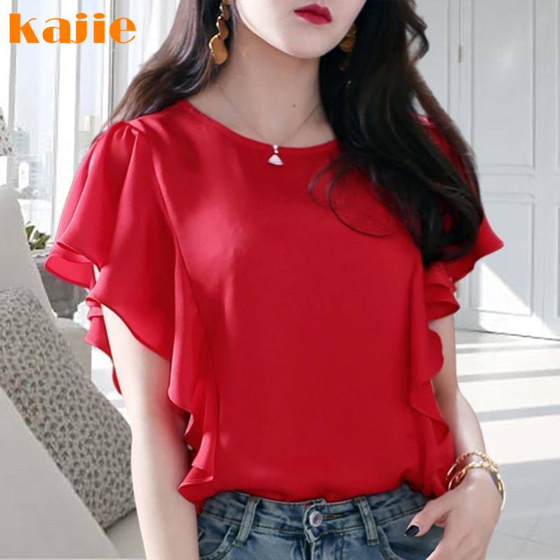 Women's New Chiffon Shirt with Western Ruffle Edge 2024 Summer Korean Edition Plus Size Loose and Slimming Versatile Covering Top