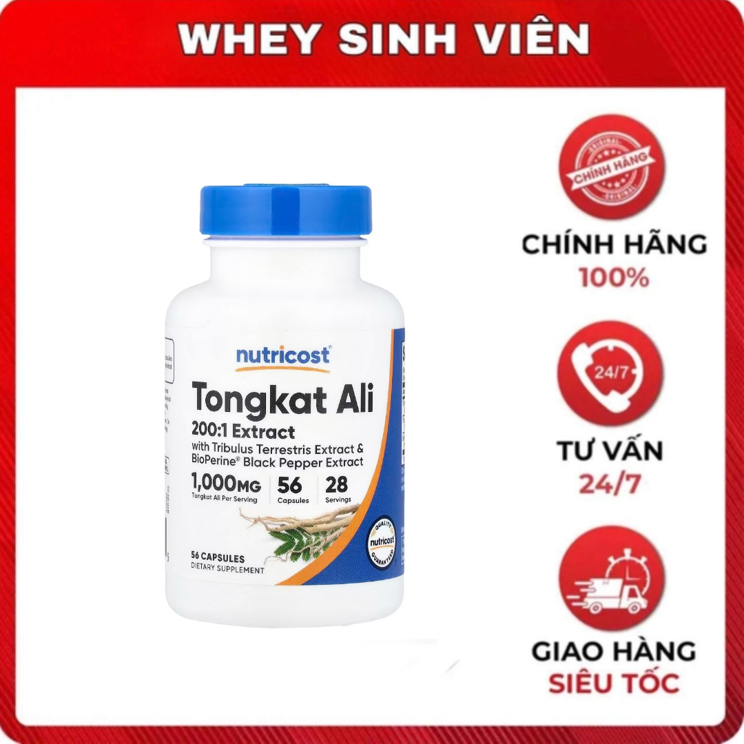 Viên Nutricost Tongkat Ali 200:1 – 1000mg – Lọ 56 viên Cải thiện sức khỏe nam – USA - Whey sinh vien