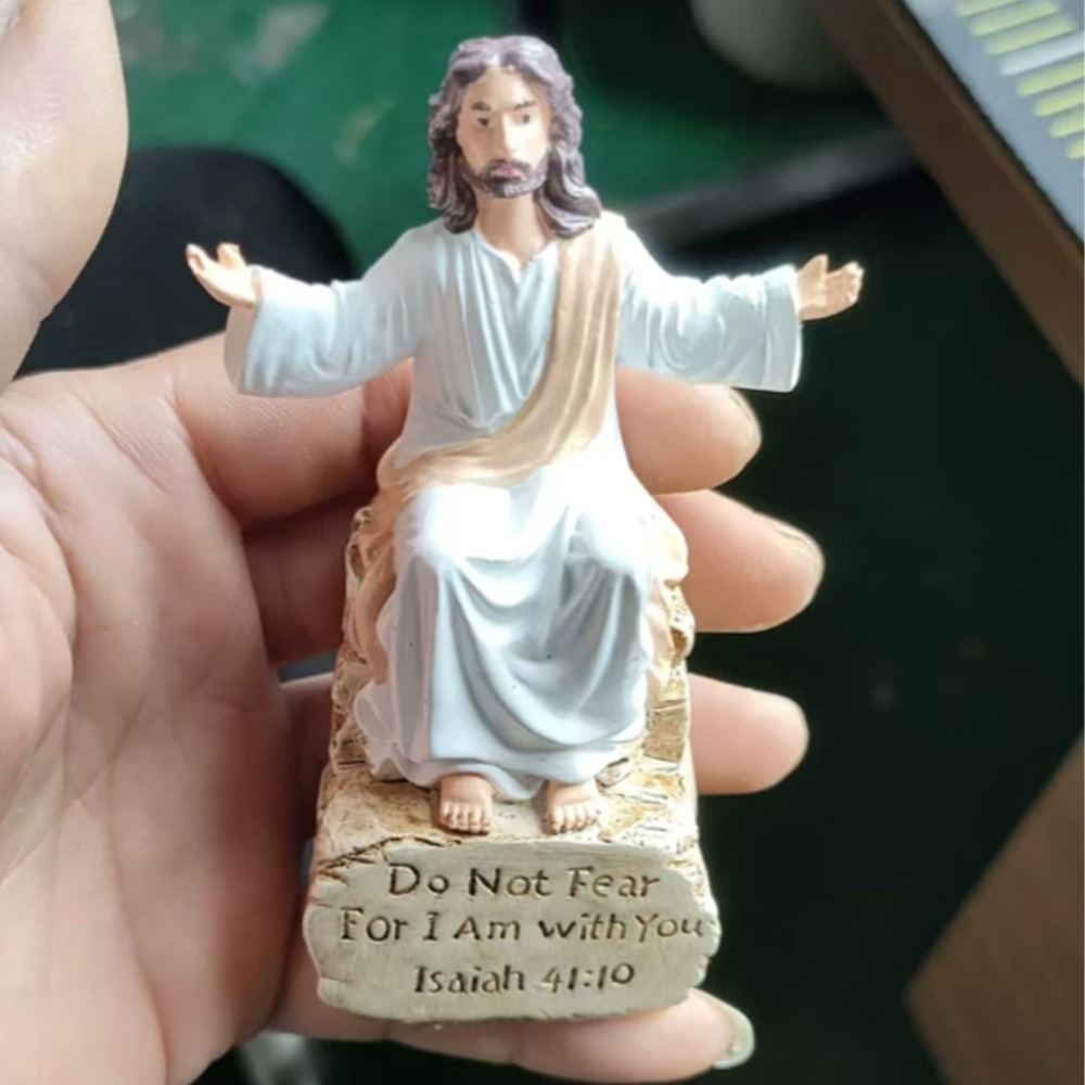 LABAICAI Open Arms Blessing Resin Jesus Statue Sitting Pose Bible Verse Base Resin Jesus Ornament Handmade I Am with You Always Sign Religious Figurine Home Desk Decor