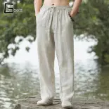 LIVE GREATQuần nam Quần Linen vải lanh mỏng thoáng khí quần quần bình thường ỐNg RộNg