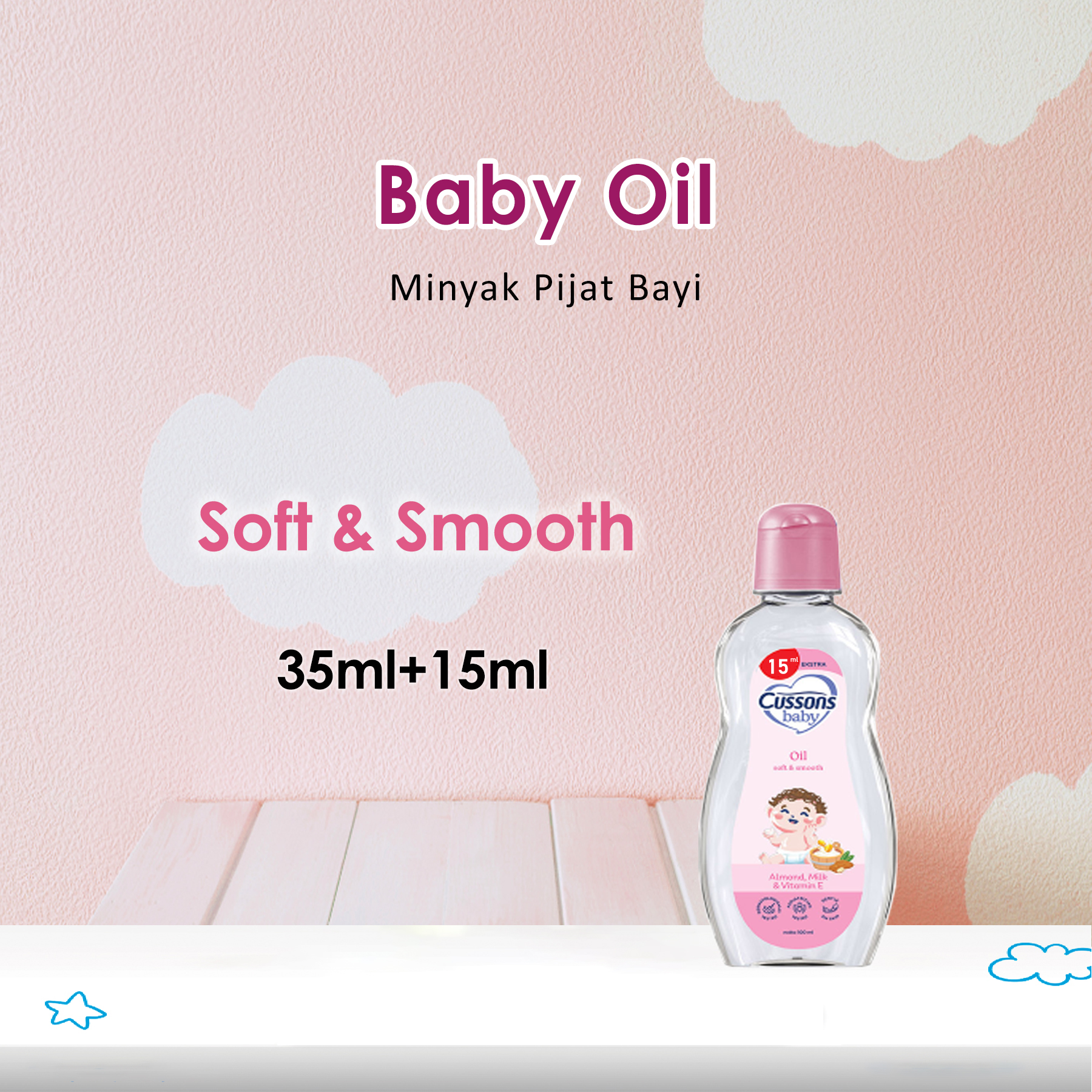 Cussons Baby Oil Soft & Smooth 35ml Extra 15ml - Minyak Pijat Bayi Perawatan Kulit Lembut Bayi