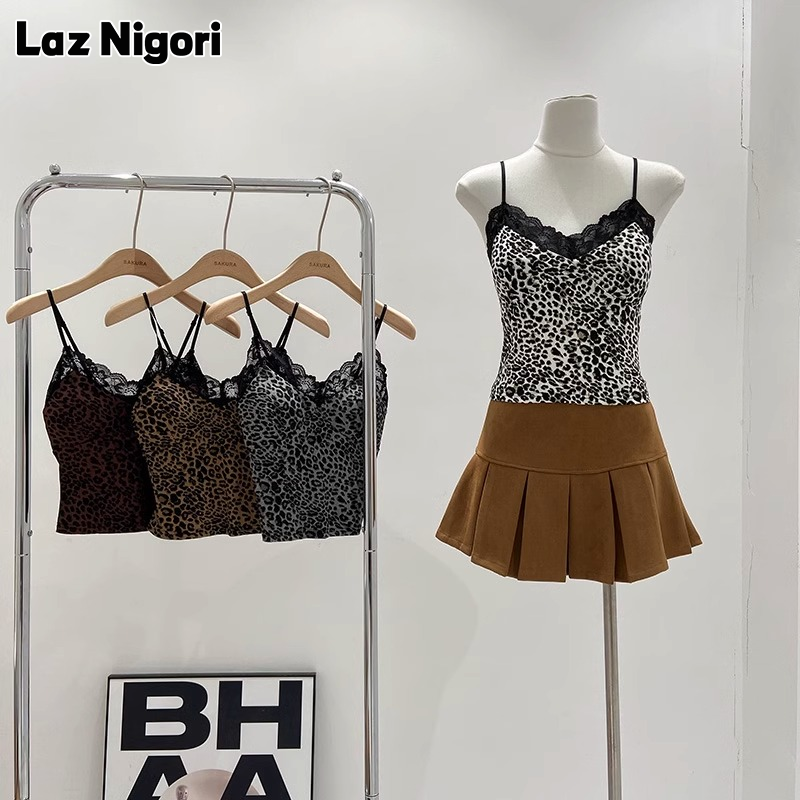 LAZ nigori trẻ sexy Đen khâu ren in da báo áo dây bên trong phù hợp với phụ nữ của mùa thu với miếng đệm ngực ôm vừa đáy Top