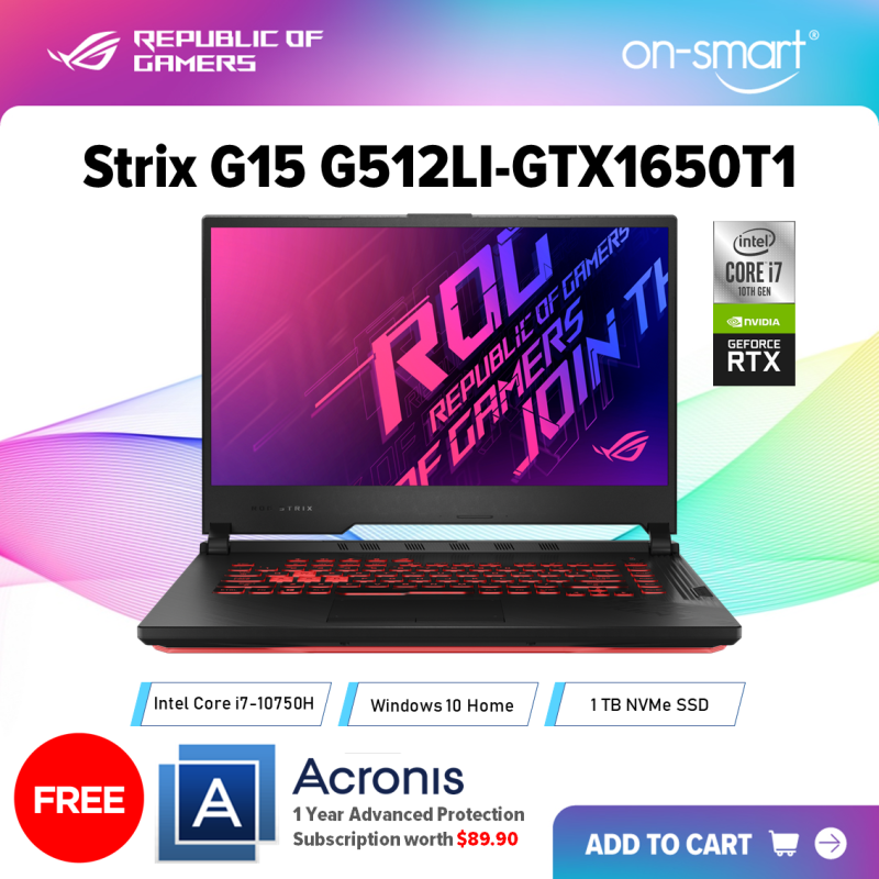【Next Day Delivery】ASUS ROG Strix G15 G512LI-GTX1650T1 | Intel Core i7-10750H Processor | 8GB RAM | 1TB NVMe SSD | NVIDIA GeForce GTX 1650 Ti 4GB GDDR6 | Windows 10 Home | 2 Years International Warranty | FREE Acronis Subscription