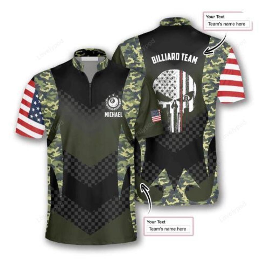 free custom- Skull Camouflage Flag Billiard Custom Name Zipper Polo Shirt (Free custom design)