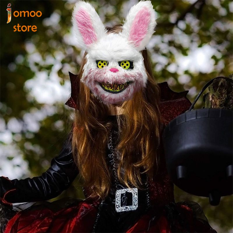 jomoo Plush Horror Simulation Rabbit Headgear Mask Halloween Scary Mask