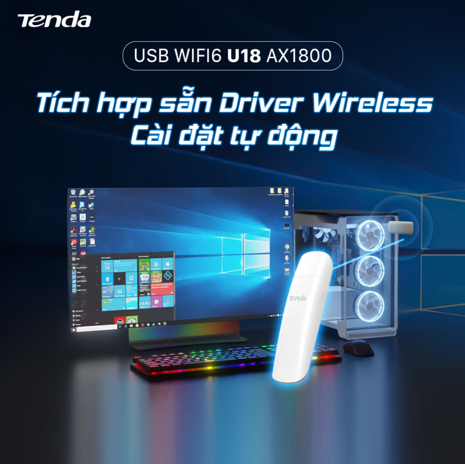 USB thu Wifi TENDA U18 CH (Chuẩn AX1800 Wifi 6, 2 băng tần, Ko Anten, 1775Mbps, USB 3.0, WPA3, Tự động cài đặt, Win 10