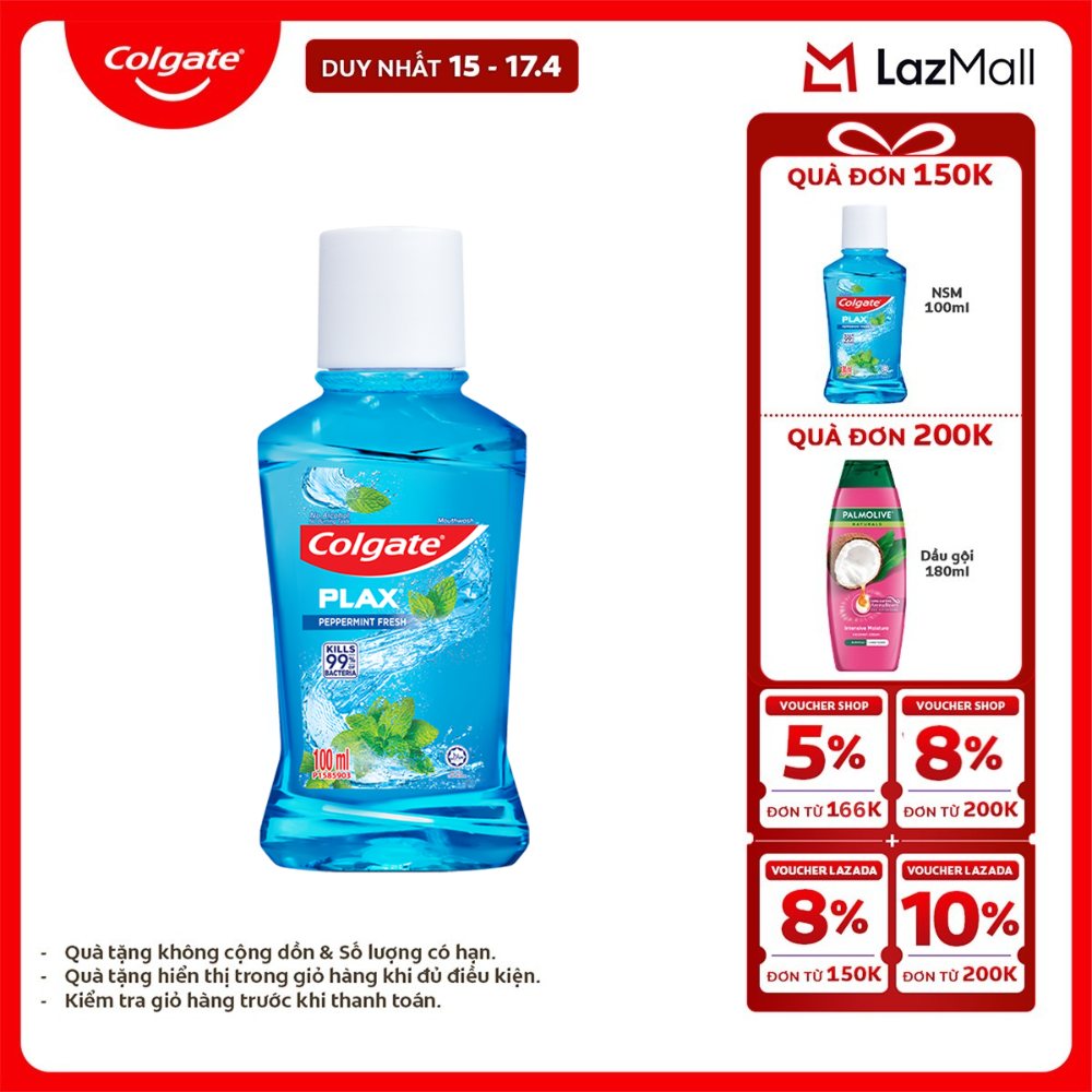 [Chỉ 15-17.4_X2 Voucher giảm đến 18%] Nước súc miệng Colgate diệt 99% vi khuẩn Plax bạc hà 100ml/chai