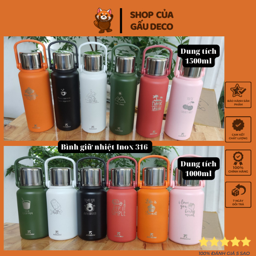 Bình giữ nhiệt, bình đựng nước giữ nhiệt quai xách dung tích 1000/1500ml, Inox 316 giữ nhiệt từ 12 tiếng đến 36 tiếng