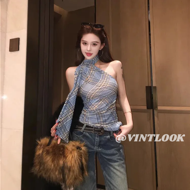 VINTLOOK Summer Knitted One-Shoulder Plaid Top ราคา 117 บาท*ส่งฟรี