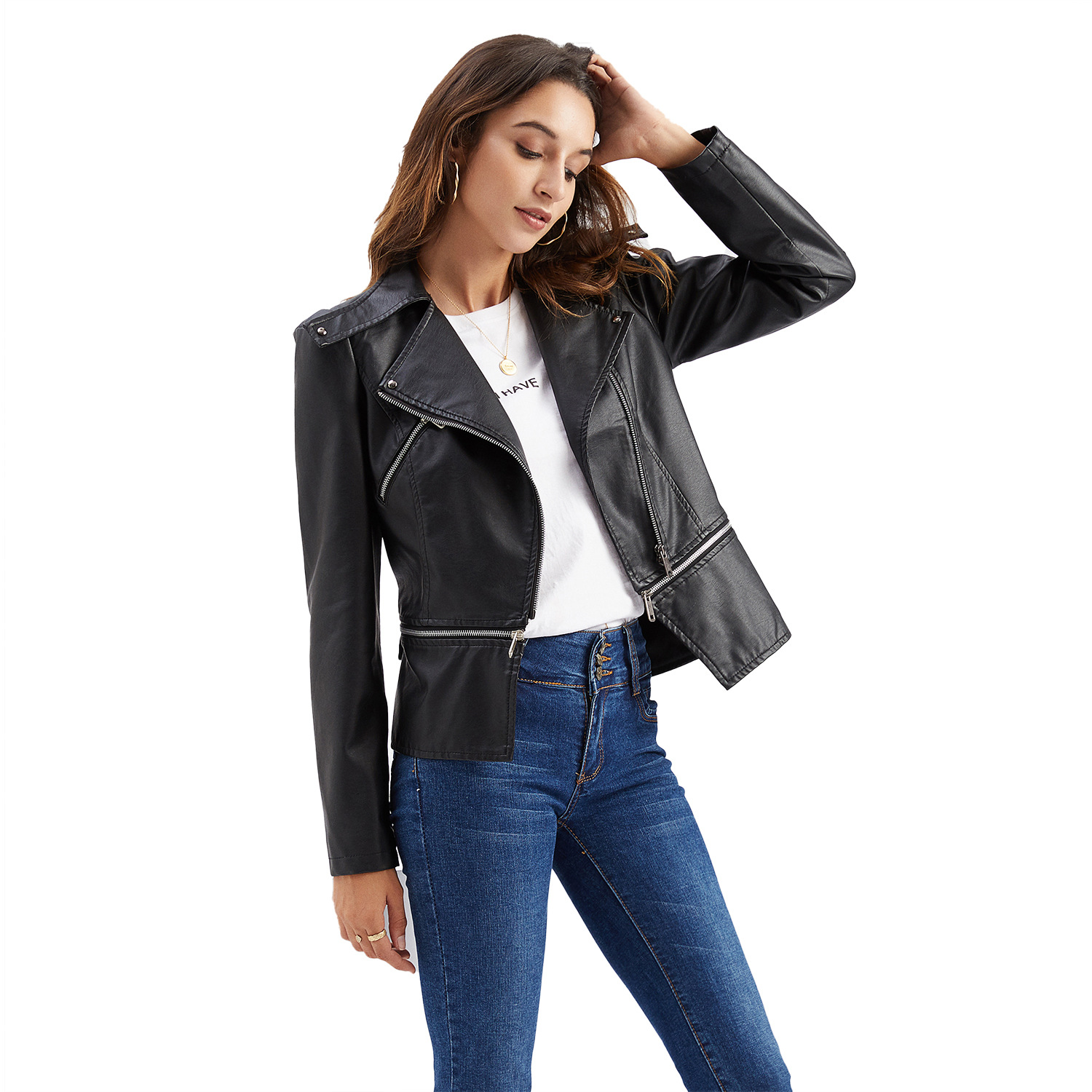 Women New Leather Jacket Lady Fashion Hem Removable Jacket Coat