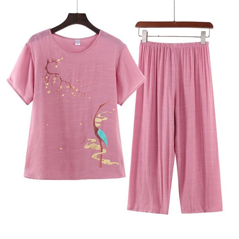 Phụ nữ trung niên và cao tuổi mùa hè thuần khiết vải lanh và cotton ngắn tay hai mảnh phù hợp với mùa hè bà và mẹ đồ ngủ ngọn quần loungewear