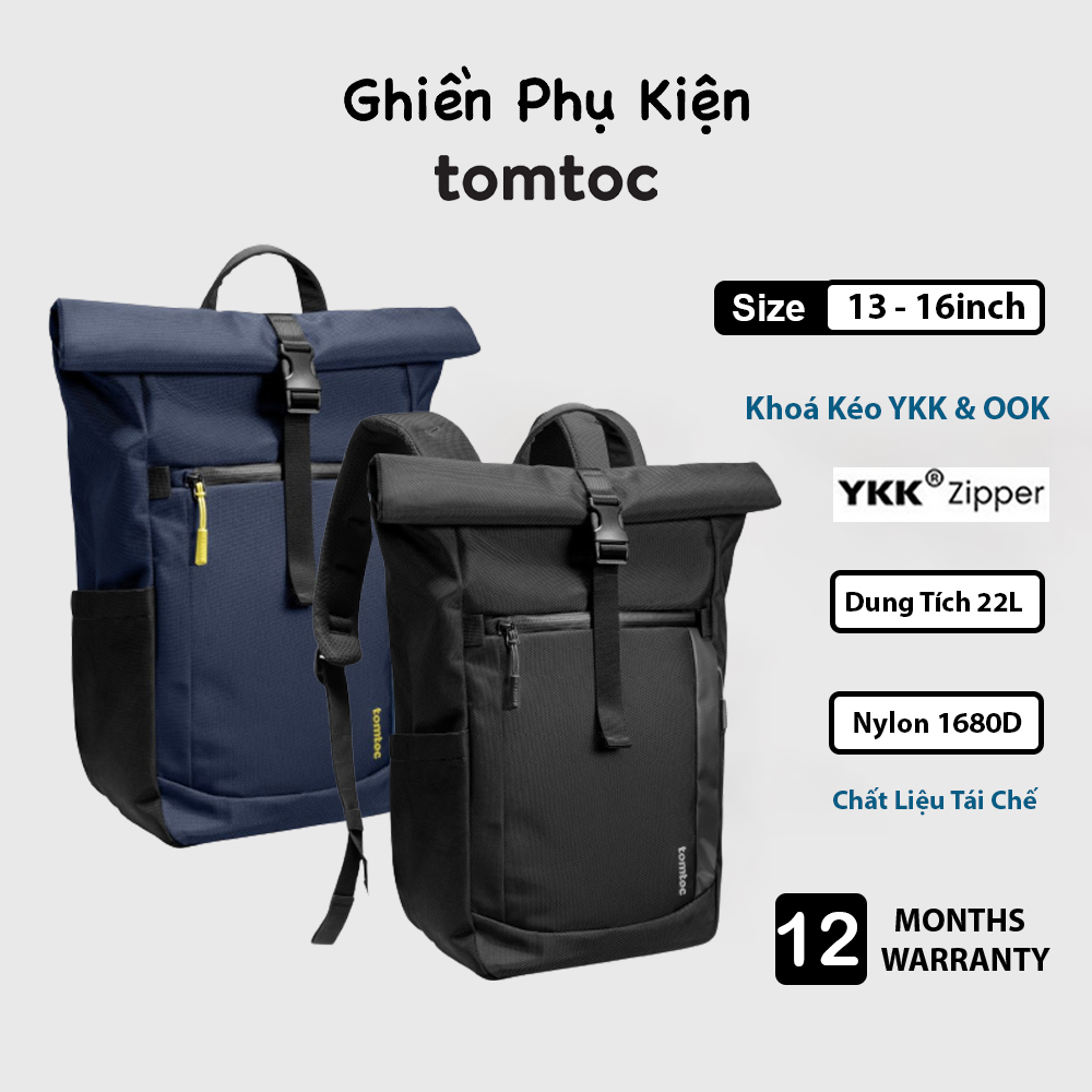Balo tomtoc usa roll top water resistant travel daypack dành cho macbook/laptop 13-16inch t61