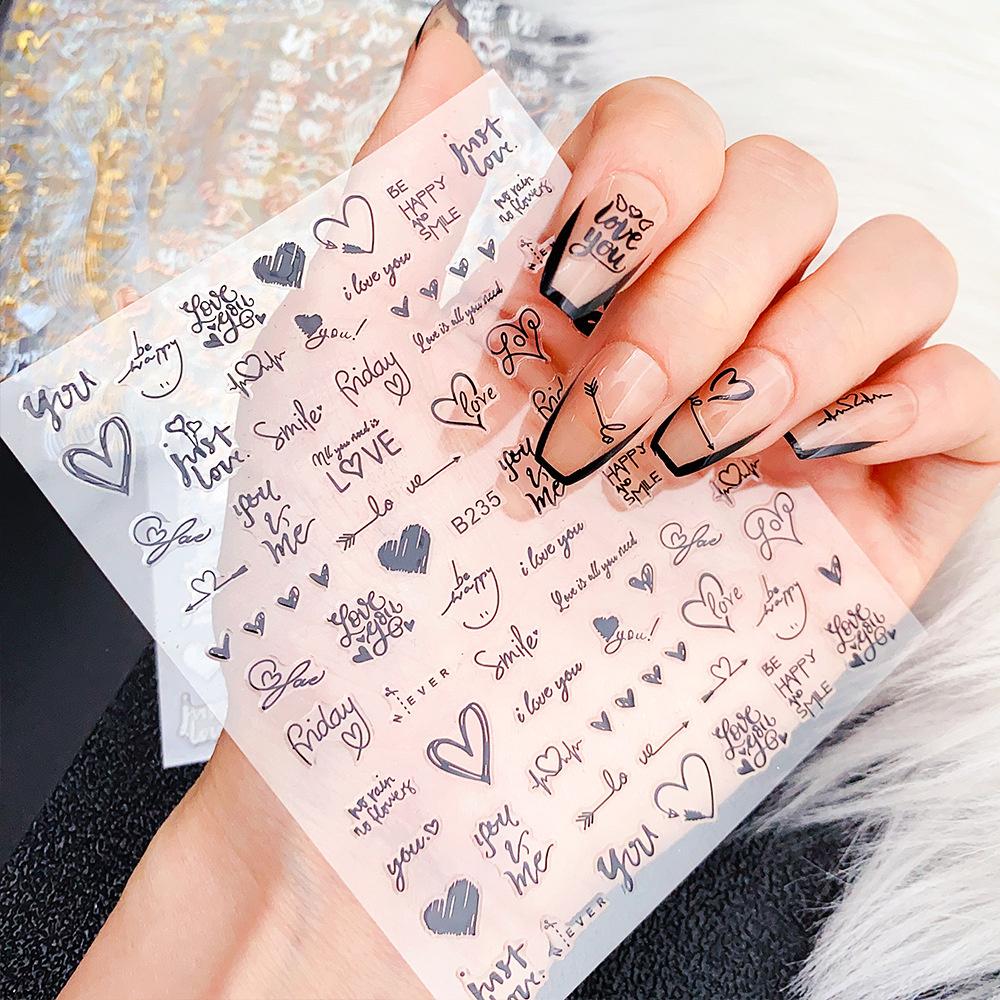  ♕ Nail Art 3d Laser Heart Shaped Letter Nail Sticker Nude Color Fine Glitter Adhesive Sticker Nail Decoration Manicure Tool For Nail Shop 