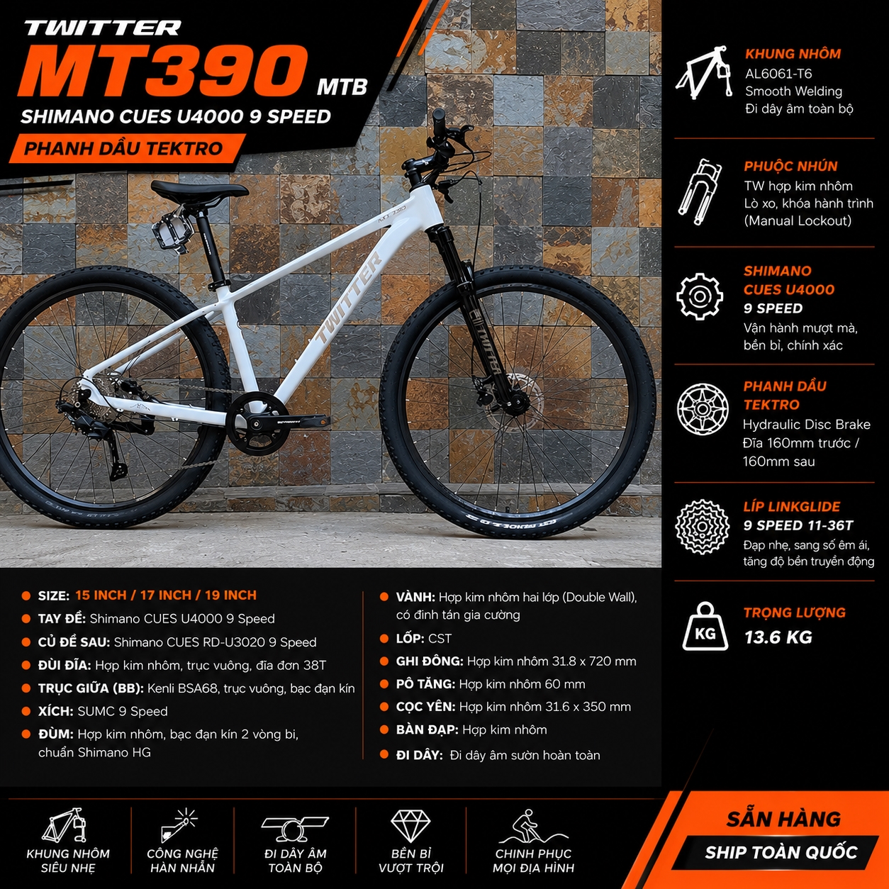 Xe TW MTB M390 shimano U4000 9 speed phanh dầu Tektro