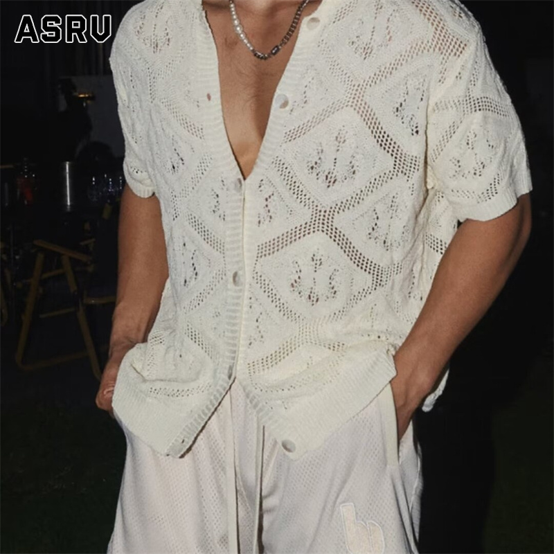 ASRV áo sơ mi áo nam áo boy phố áo sơ mi nam boypro Phong cách Hàn Quốc đẹp trai áo sơ mi đơn giản rỗng thời trang áo phông dệt kim tay ngắn thường ngày