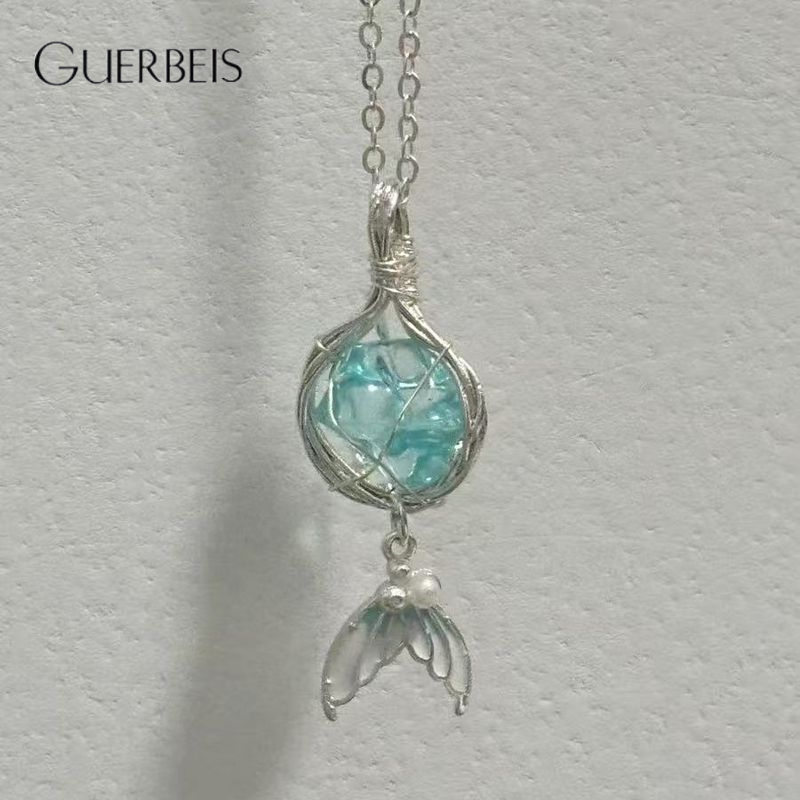 GUERBEIS Handcrafted Mermaid Tear Pendant Necklace with Natural Crystal and Delicate Tail Design ราคา 29 บาท*ส่งฟรี