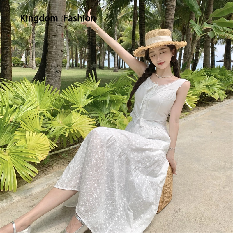 White double line dress+long leg cross pillow wide French summer fashion girlfriend ราคา 649 บาท*ส่งฟรี