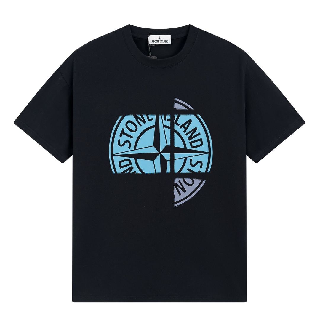 Stone islandˉáo nam và nữ mùa hè cổ tròn cotton nguyên chất áo thun quần soóc rộng tay họa tiết in la bàn vỡ ngực mới