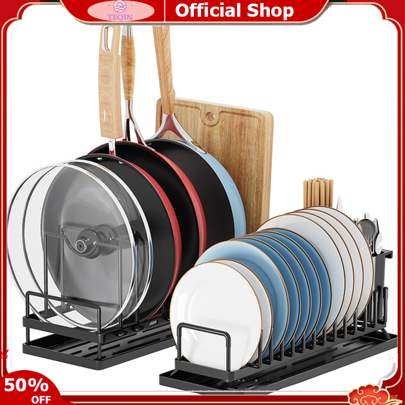 TEQIN toy new Set Of 2 Carbon Steel Sink Dish Drying Rack Space Saving Plate Organizer Anti-Rust Pot Lid Organizer Kitchen Counter Dish Drainer Storage Organizer Utensil Collection ราคา 808 บาท*ส่งฟรี