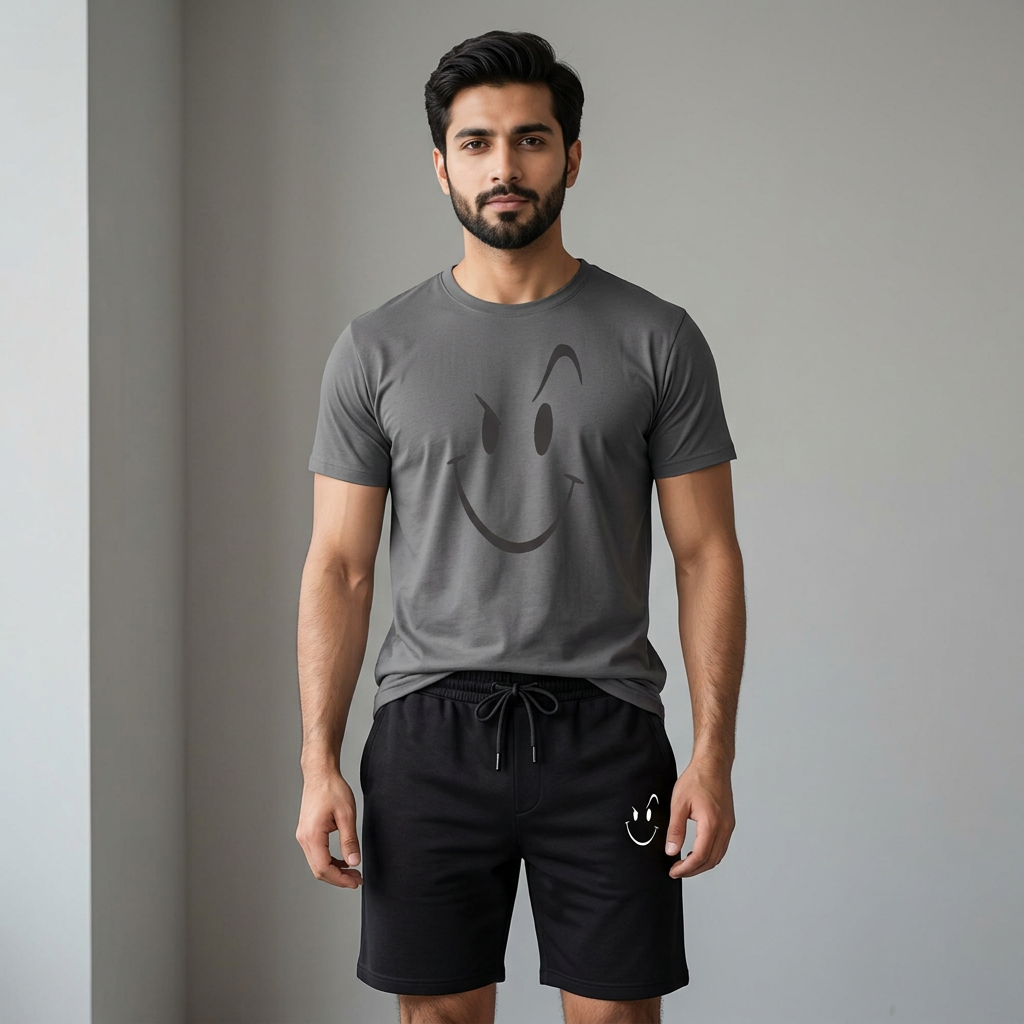 grey new smile printed summer short tracksuit for men soft & comfortable tracksuit