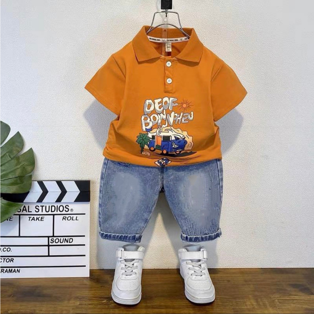 Set đồ bé trai áo thun tay ngắn cổ tròn EOED Cotton cao cấp quần bò Jean ngắn lửng thời trang trẻ em