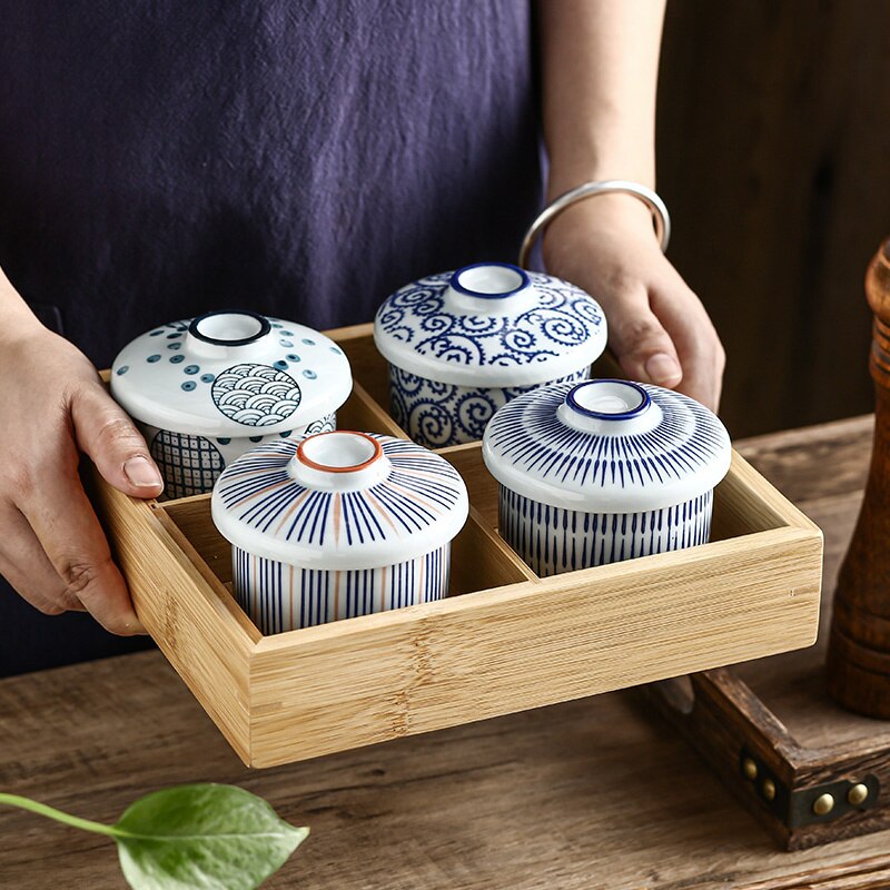 Gốm sứ Nhật bản nhỏ Bát có nắp đậy súp bé trứng hấp bát phong cách cổ điển màu xanh bát Bộ đồ ăn nhà bếp cung cấp