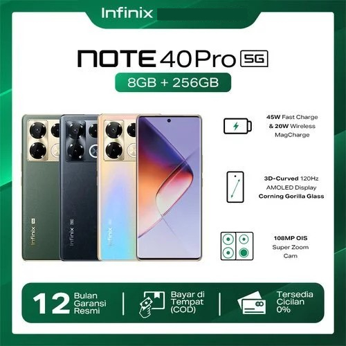 Infinix Note 40 Pro 5G [8/256GB] - Up to 16GB Extended RAM - Dimensity 7020 - 6.78 inch FHD+ 3D Curved Amoled - 108MP OIS Harga  3,599,000 Ringgit*Penghantaran Percuma