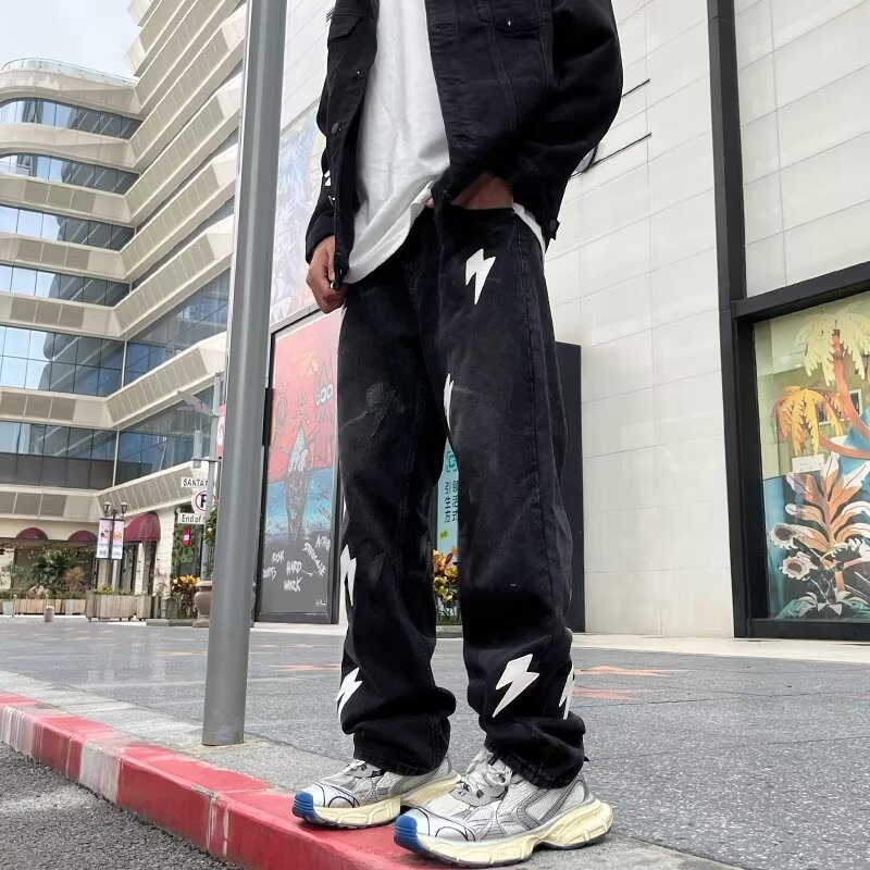 Lightning Print Men's Jeans Y2k Straight Washed Loose Casual Denim Trousers Streetwear Hip Hop Harajuku Couple Model Pants