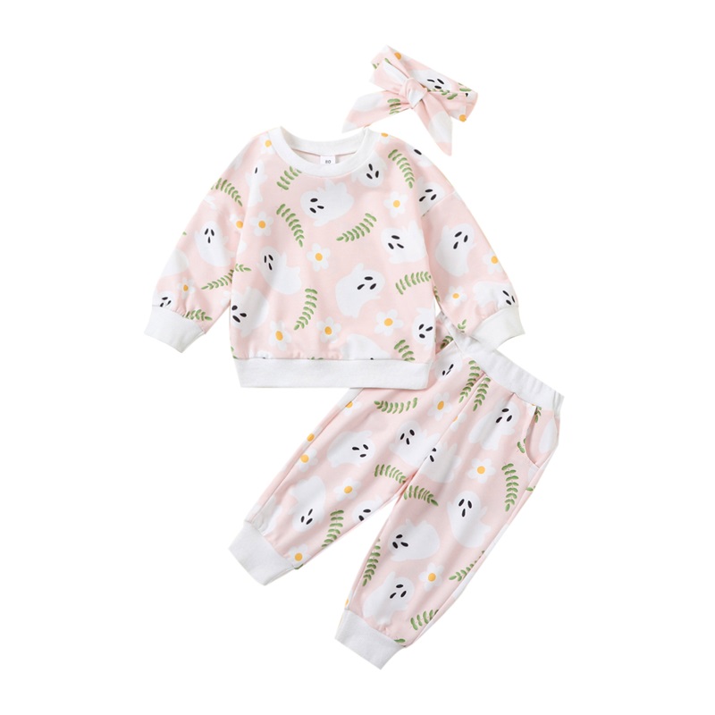 Baby Girls Outfit, Ghost Flower Print Print Long Sleeve Crew Neck Sweatshirt Sweatpants Headband Halloween Clothes