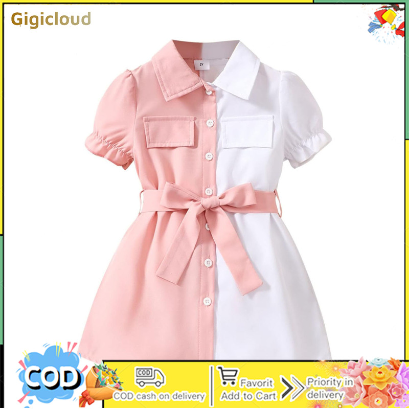 Girls Summer Short Sleeves Dress Lapel Puff Sleeves High Wasit Lace Up Dress Contrast Color Patchwork Front Buttons A-line Skirt ราคา 219 บาท*ส่งฟรี