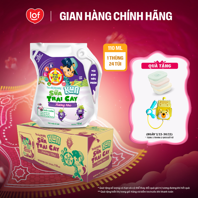Sữa trái cây KUN vị nho thùng 24 túi x 110ml