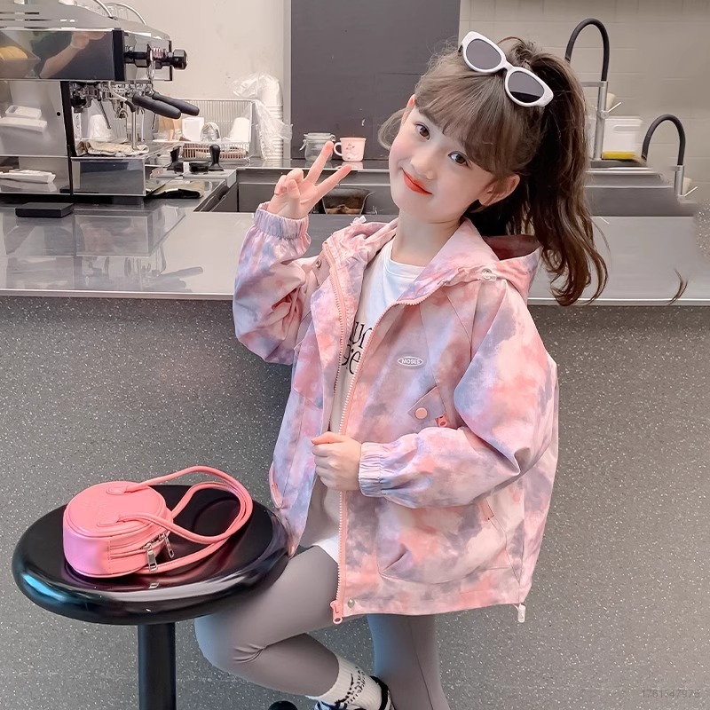 RA Girls Windbreaker Jacket Spring and Autumn Children Cloud Tie-dye Colorful Hooded Windproof Top Coat AR