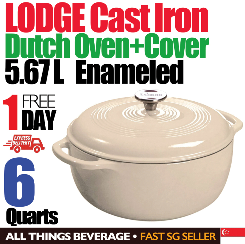 Lodge Dutch Oven Enameled Cast Iron, 6 Quart 5.7L Cream Colour - 1 DAY EXPRESS Delivery Singapore