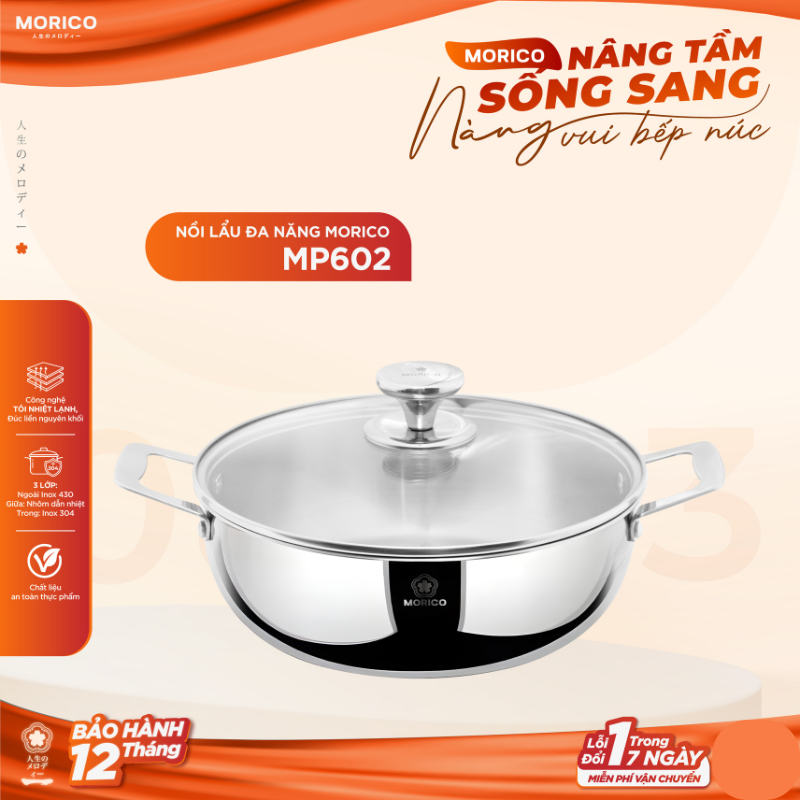 Nồi Inox 304 MORICO MP602 Dung Tích 5L – Nồi Lẩu Gia Đình Đa Năng Dùng Mọi Loại Bếp, Kèm Nắp Kính