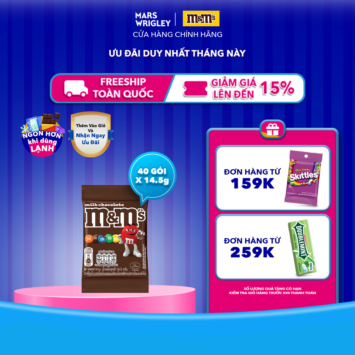  Combo 40 gói kẹo Socola sữa M&M's 14.5g  2 hộp x 20 gói  