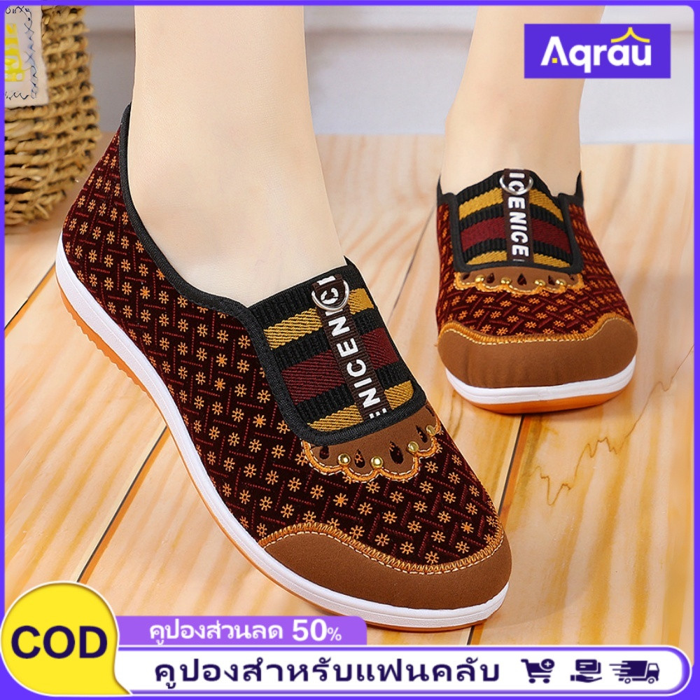 Aqrau 【50%OFF】Women's shoes new old Beijing cloth shoes women soft-soled non-slip middle-aged and elderly casual cloth shoes a pedal flat mother shoes ราคา 299 บาท*ส่งฟรี