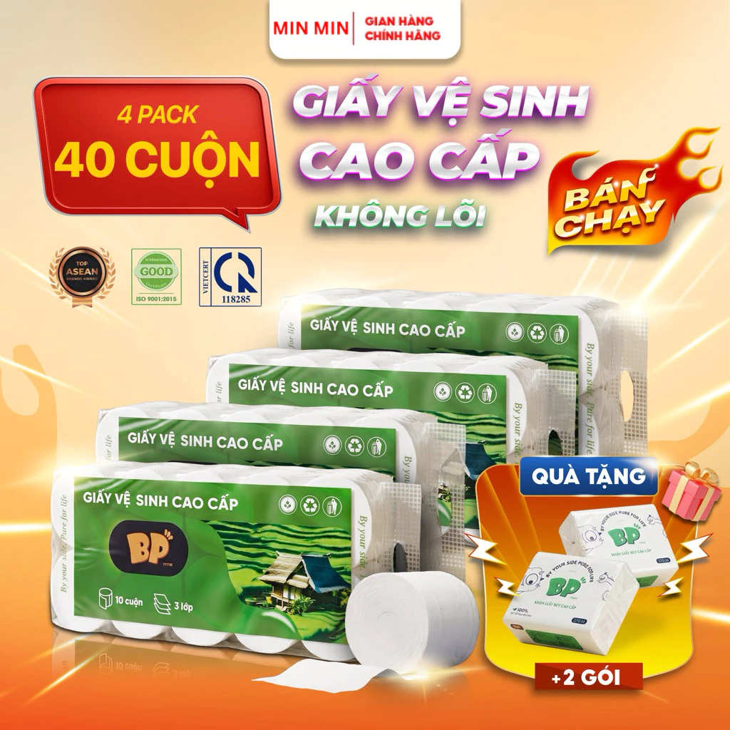 [ Không lõi ] COMBO 4 Bịch Giấy Vệ Sinh10 Cuộn ( tặng 2 giấy rút ) BP TISSUE  Dày 3 Lớp Cao Cấp Mềm Mịn An Toàn